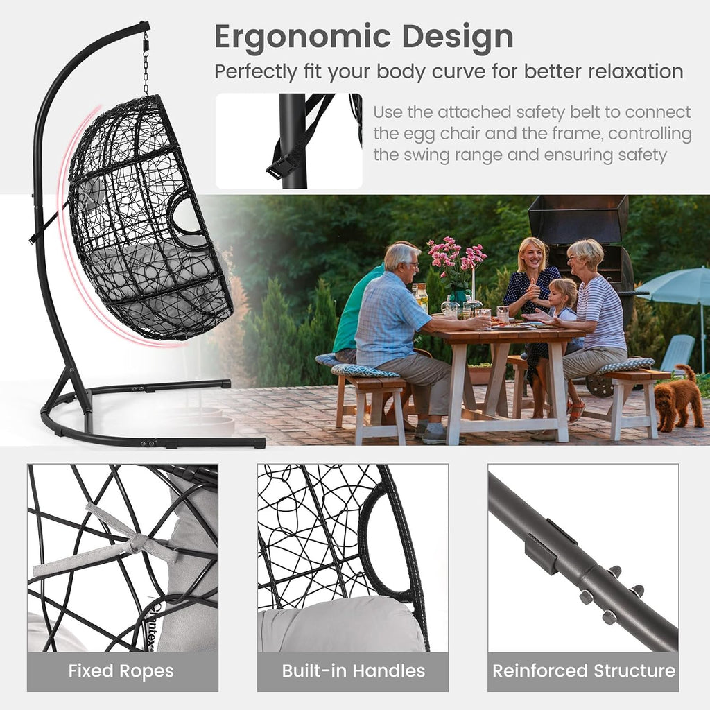 Tangkula Egg Chair with Stand, Hanging Egg Swing Chair with Removable Seat Cushion & Headrest, All-Weather Indoor Outdoor Hanging PE Wicker Egg Chairs for Outside, Balcony, Bedroom (Grey)