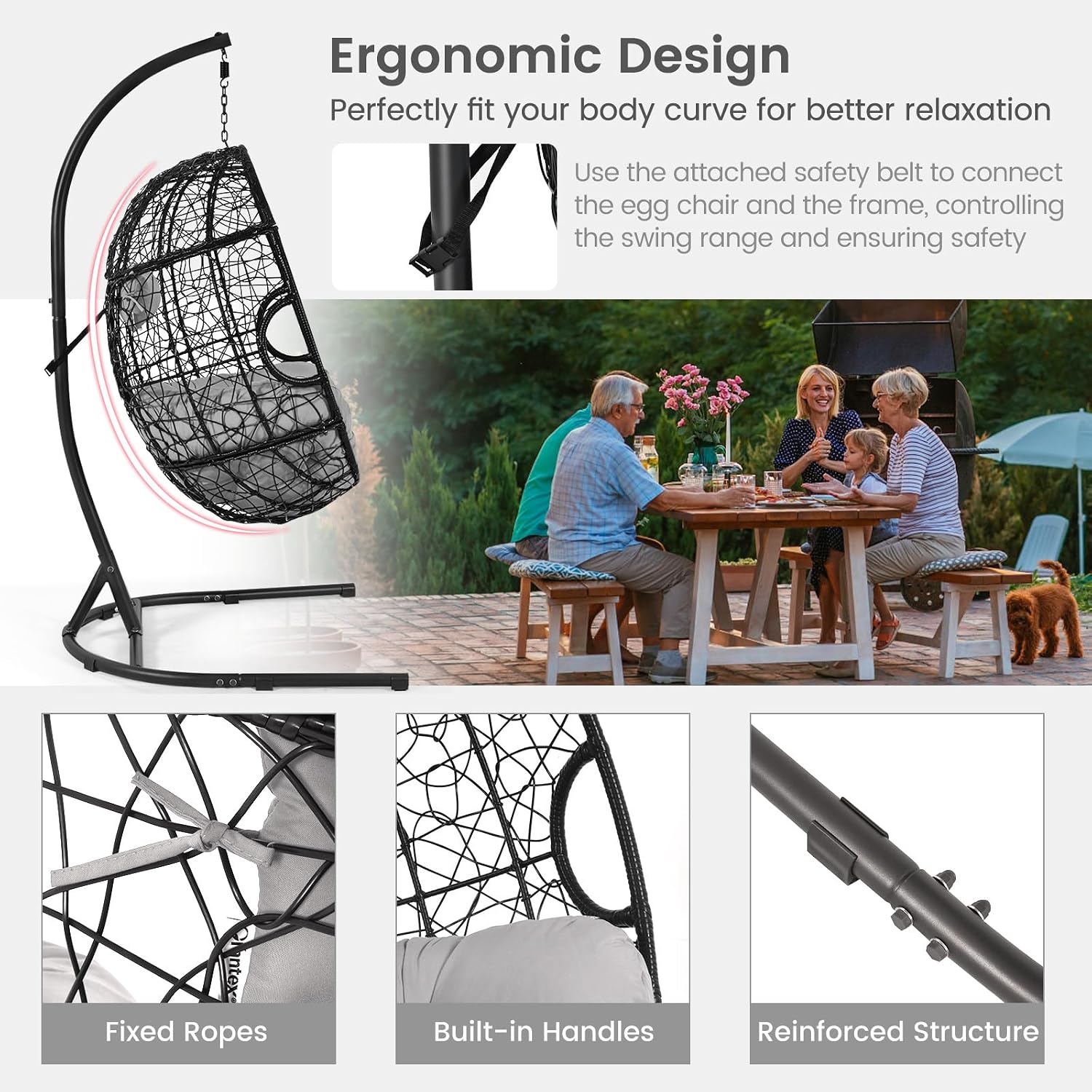 Tangkula Egg Chair with Stand, Hanging Egg Swing Chair with Removable Seat Cushion & Headrest, All-Weather Indoor Outdoor Hanging PE Wicker Egg Chairs for Outside, Balcony, Bedroom (Grey)