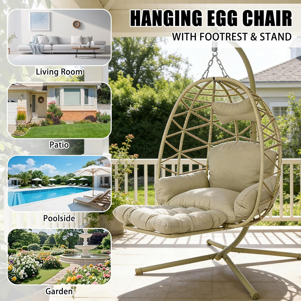 Hanging Egg Chair with Stand & Leg Rest,Rattan Wicker Swing Chair with Cushion,Patio Basket Hanging Chair Wicker Hammock Chair for Indoor Outdoor Bedroom Garden,300LBS (Coffee Rattan&Coffee Cushion)