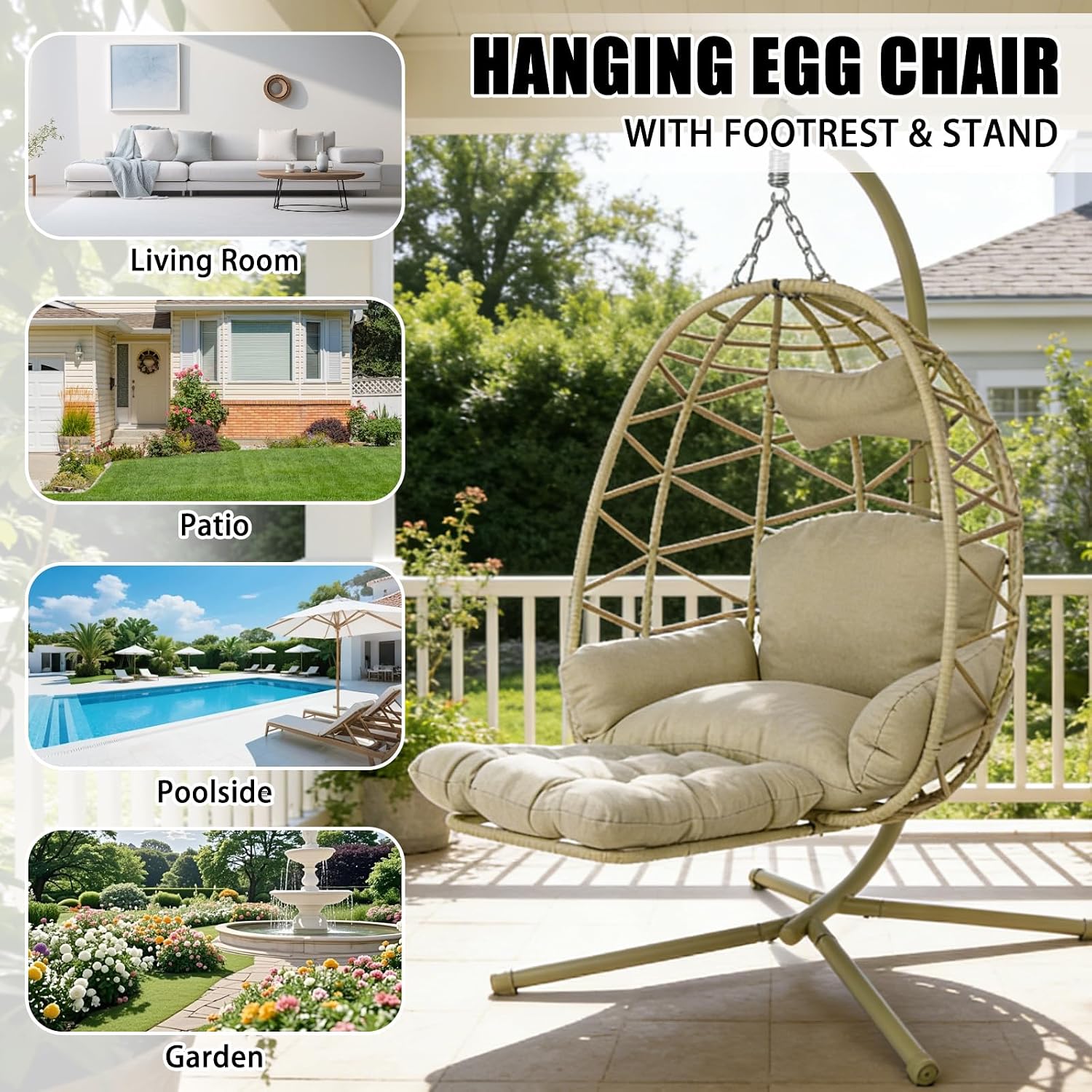 Hanging Egg Chair with Stand & Leg Rest,Rattan Wicker Swing Chair with Cushion,Patio Basket Hanging Chair Wicker Hammock Chair for Indoor Outdoor Bedroom Garden,300LBS (Coffee Rattan&Coffee Cushion)
