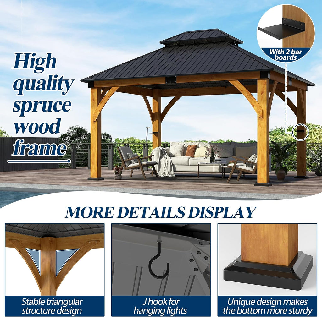 COVERONICS 11FT x 13FT Outdoor Spruce Wood Gazebo - Patio Wooden Frame Gazebo with Galvanized Steel Double Roof, Heavy-Duty Hardtop Gazebos for Garden, Poolside, Deck, Backyard