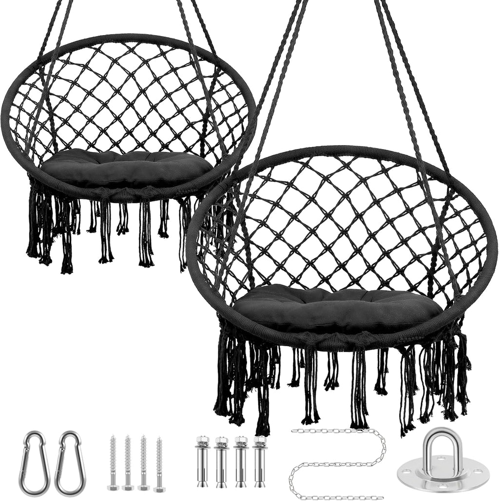 Hanging Swinging Chair, Macrame Hammock Hanging Swinging Chairs with Soft Cushions and Hardware Accessories, Hanging Chair for Indoor and Outdoor Use, 3 Installation Methods, Beige (2, Black)