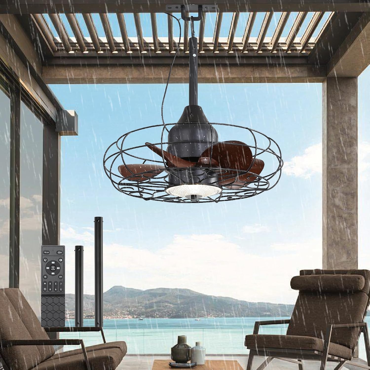 Gazabo Fan Outdoor Ceiling Fans for patios 21'' Outdoor Hanging Fan for Gazebo, Plug in Caged Lighting for Pergola Canopy,Hanging with Hook, Remote with 3 Color LED Gazabo Lights, IP44 Waterproof