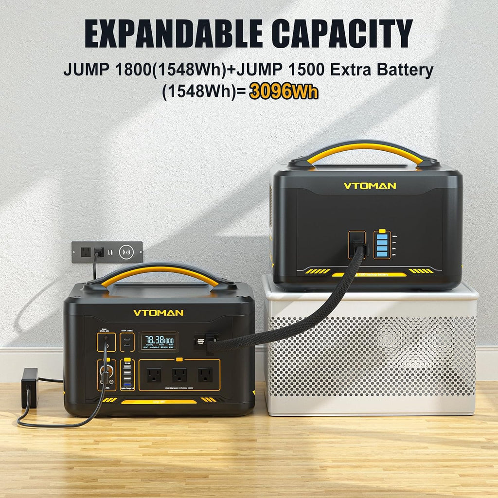 VTOMAN Jump 1800 Portable Power Station with 200W Solar Panel, 1800W/1548Wh LiFePO4 Battery Solar Generator with 1800W Constant-Power, PD 100W Type-C, Capacity Expandable for Camping, Home Backup