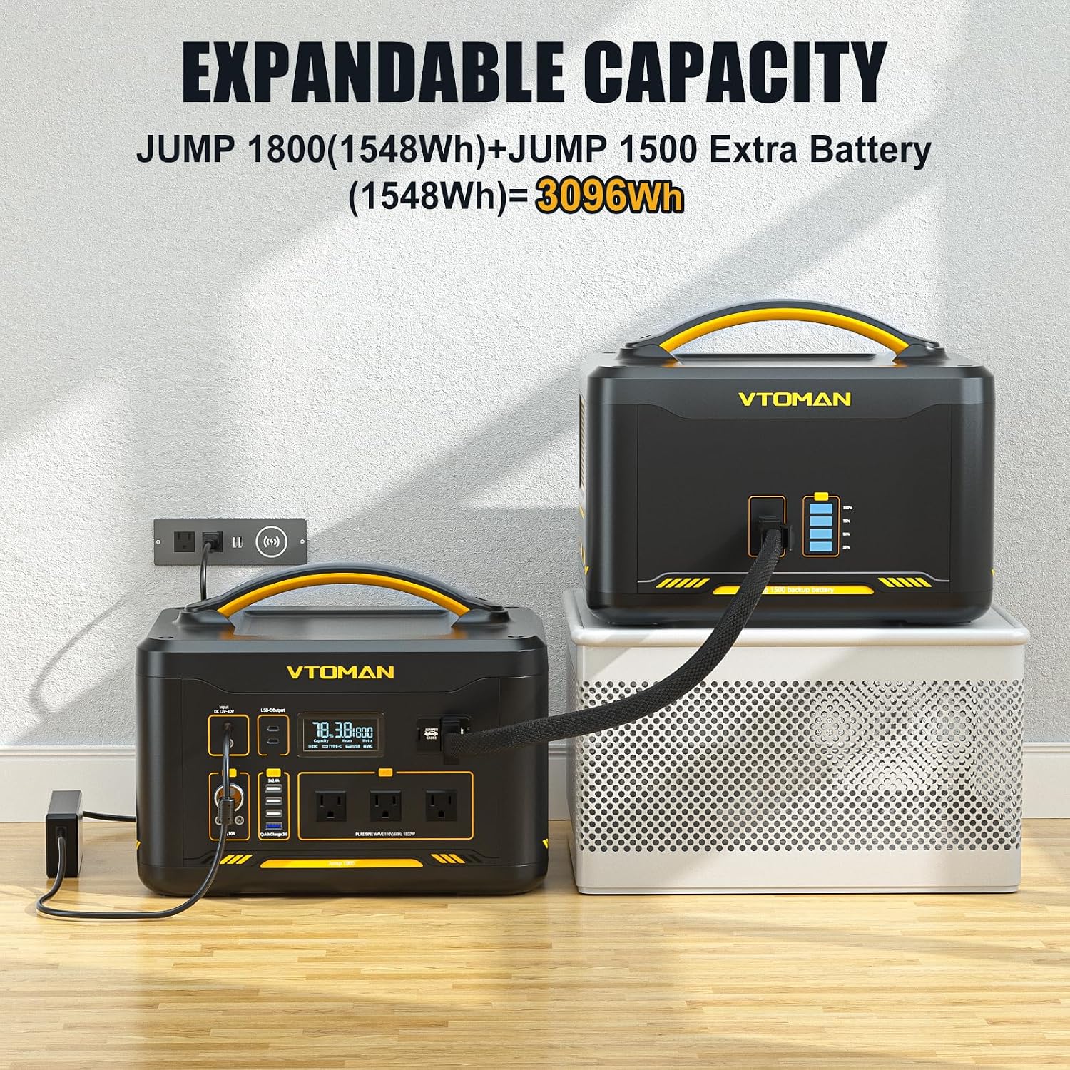 VTOMAN Jump 1800 Portable Power Station with 200W Solar Panel, 1800W/1548Wh LiFePO4 Battery Solar Generator with 1800W Constant-Power, PD 100W Type-C, Capacity Expandable for Camping, Home Backup