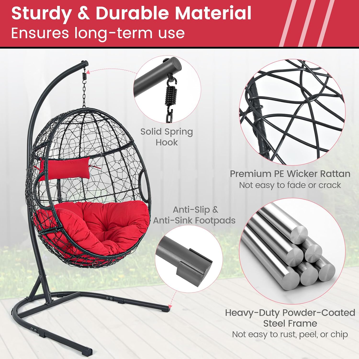 Tangkula Egg Chair with Stand, Hanging Egg Swing Chair with Removable Seat Cushion & Headrest, All-Weather Indoor Outdoor Hanging PE Wicker Egg Chairs for Outside, Balcony, Bedroom (Red)