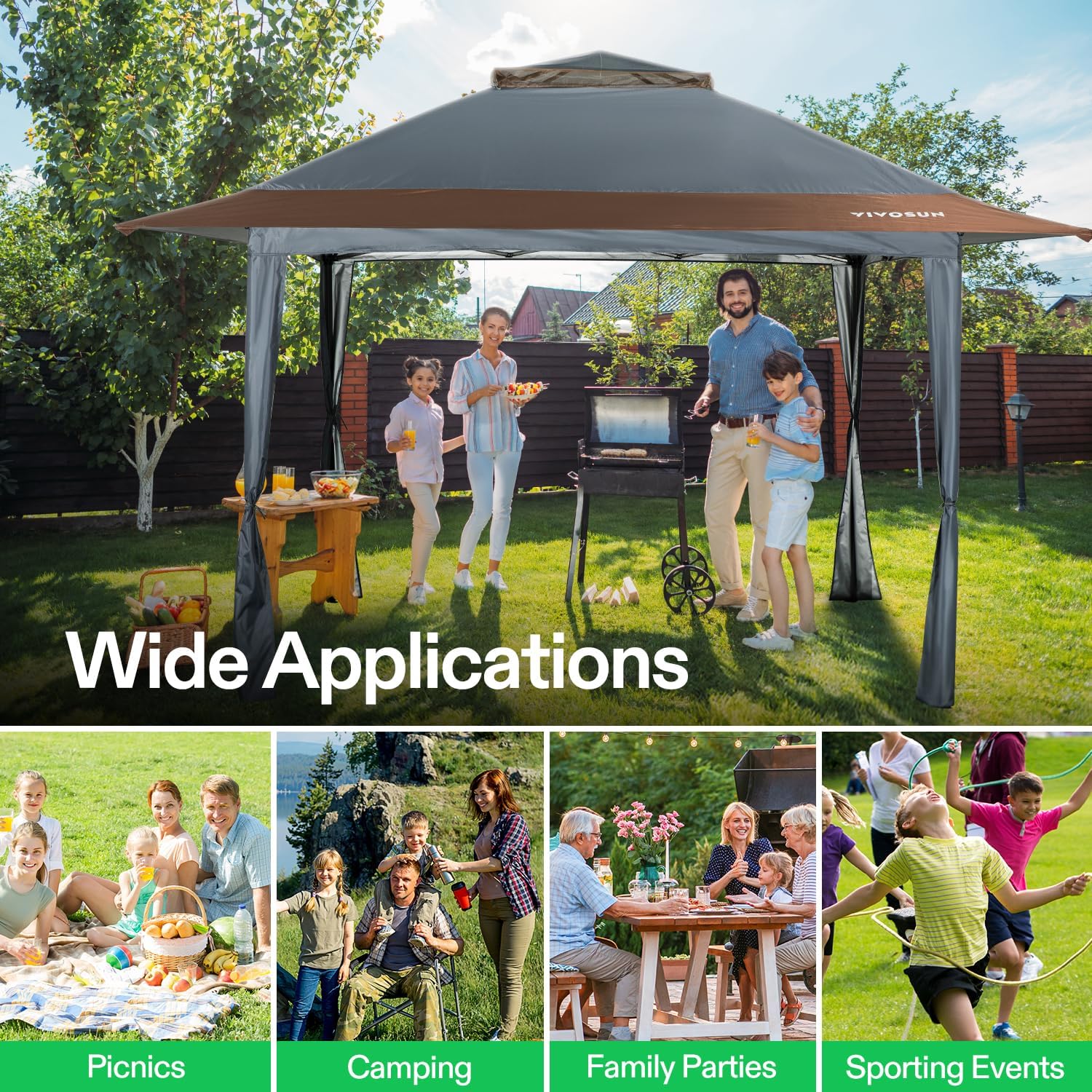 VIVOSUN 13 x 13 Pop Up Canopy Tent, Quick Setup Canopy Shelter with Mosquito Netting, Center Lock, Storage Bag, Instant Outdoor Gazebo for Parties, Patio, Lawn, Garden, Backyard, Khaki