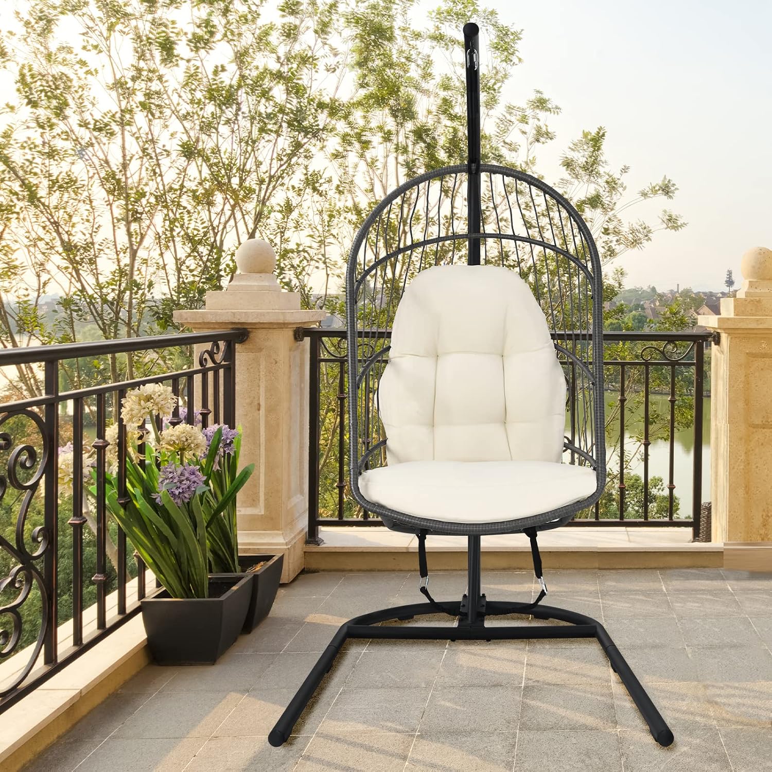 Giantex Hanging Egg Chair with Stand, Outdoor Indoor Foldable Swing Chair with Cushions, Rattan Hanging Basket Chairs with C Hammock Stand, Hanging Hammock Chair for Bedroom Balcony Patio (Beige)