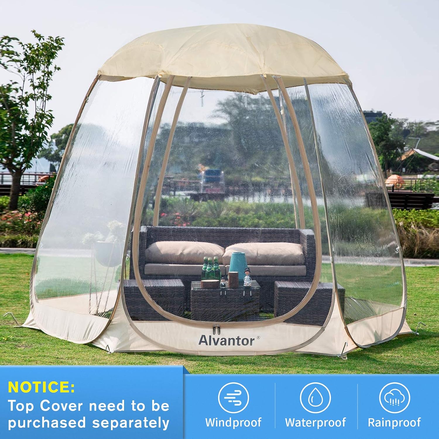 Alvantor® Pop Up Bubble Tent® - 10' x 10' Instant Igloo Tent® - 4-6 Person Screen House for Patios - Large Oversize Weather Proof Pod - Cold Protection Camping - Beige