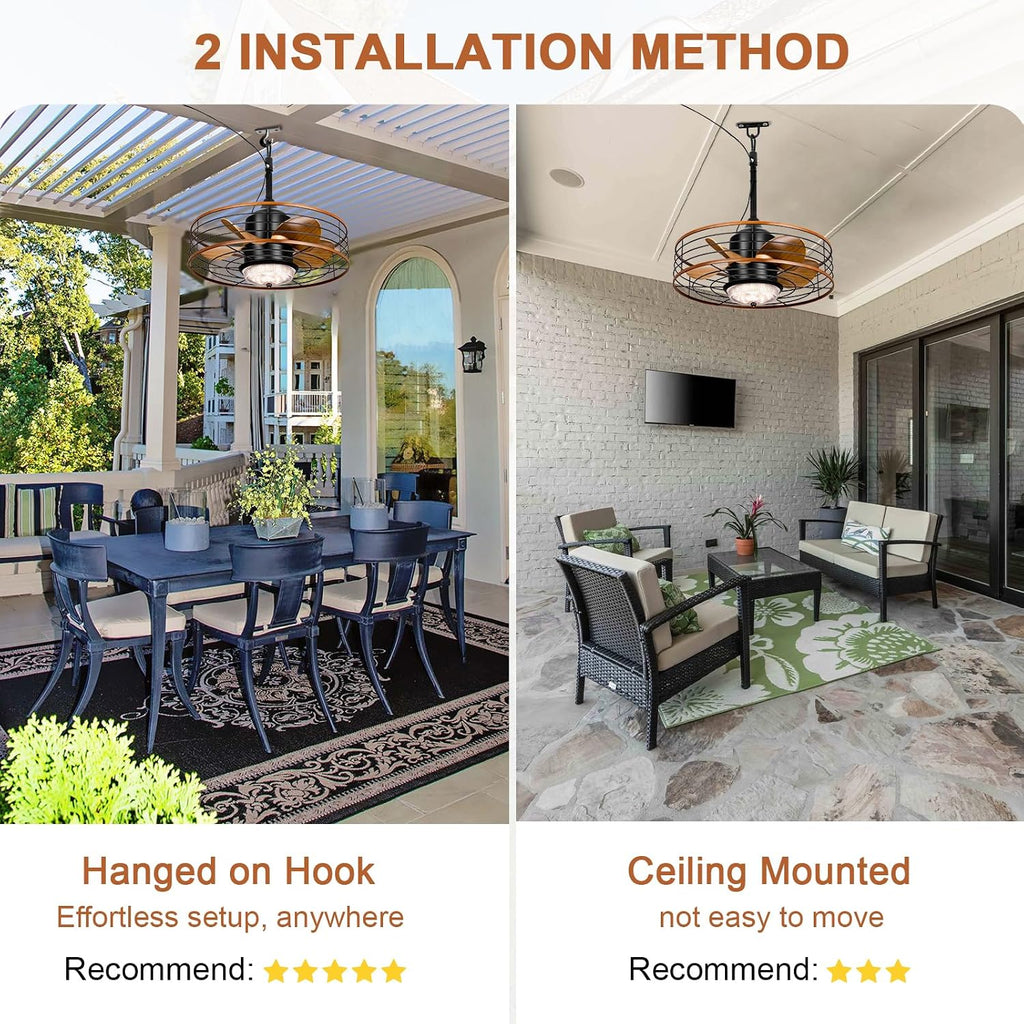 20' Outdoor Ceiling Fan with Light for Patios Waterproof Caged Gazebo Fans Outdoor Hanging Lighting with Plug-in Cord, Dimmable LED, Remote APP Control, 6 Speeds for Pergola Porch Gazebo (Brown)