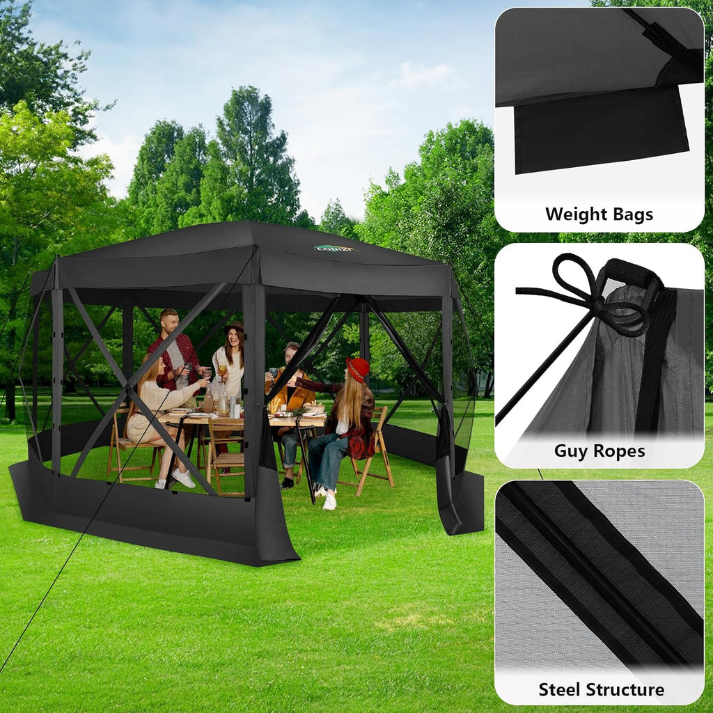 COBIZI Pop Up Gazebo Screen Tent Screen House for Camping, 15x15 Screen Room with Mosquito Netting, Hub Tent Instant Screened Canopy with Carrying Bag and Ground Stakes, Black