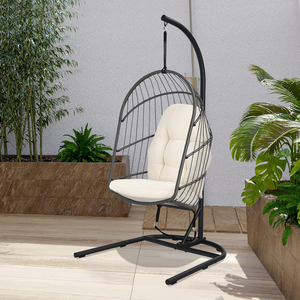 Giantex Hanging Egg Chair with Stand, Outdoor Indoor Foldable Swing Chair with Cushions, Rattan Hanging Basket Chairs with C Hammock Stand, Hanging Hammock Chair for Bedroom Balcony Patio (Beige)