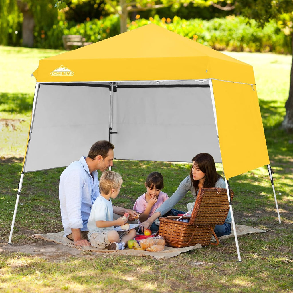 EAGLE PEAK Day Tripper 8x8 Aluminum Super-Lightweight Slant Leg Pop Up Canopy with 3 Removable Walls, Instant Outdoor Backpack Canopy Tent, Outside Beach Folding Sun Shelter, 8x8 Base 6x6 Top, Yellow