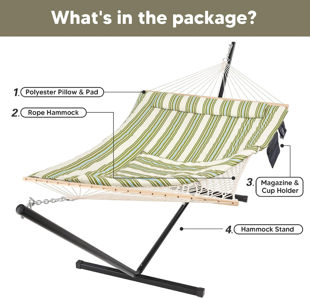 SUNCREAT Cotton Rope Hammock for Two People with Carrying Bag, Quilted Fabric Pad & Detachable Pillow, Extra Large Hammock with 12 FT Steel Stand, Ipad Bag & Cup Holder, Green&Beige