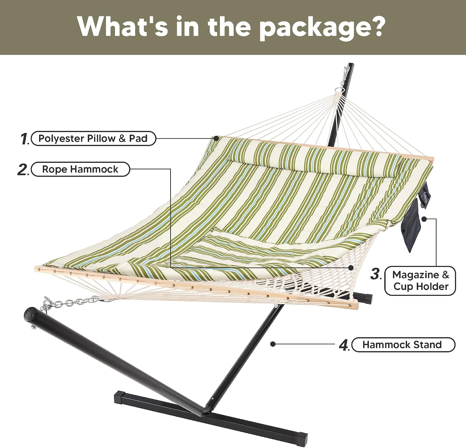 SUNCREAT Cotton Rope Hammock for Two People with Carrying Bag, Quilted Fabric Pad & Detachable Pillow, Extra Large Hammock with 12 FT Steel Stand, Ipad Bag & Cup Holder, Green&Beige