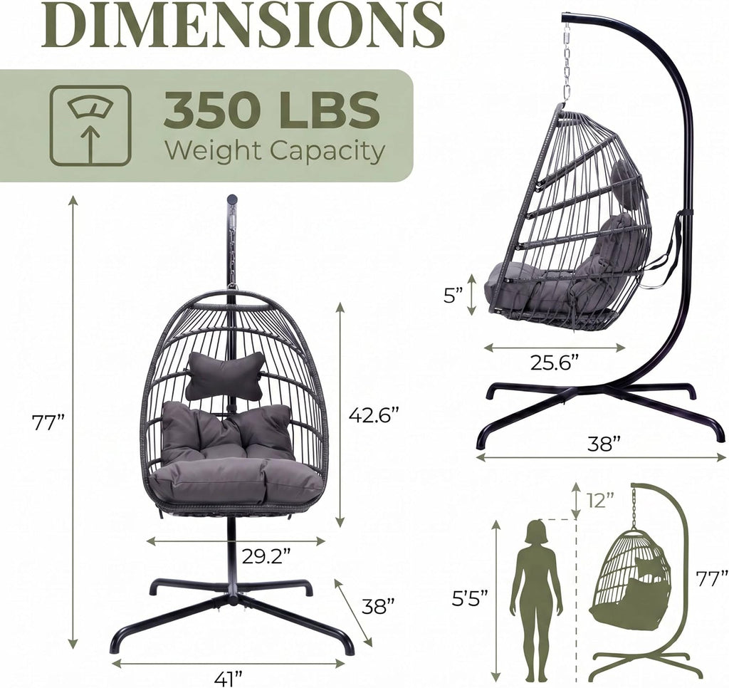 RADIATA Foldable Swing Egg Chair with Stand and Water-Resistant Cover, Outdoor Wicker Hanging Hammock Chair with Cushion, 350Lbs Heavy Duty Eggshell Basket Seat for Balcony Porch Backyard, Dark Grey