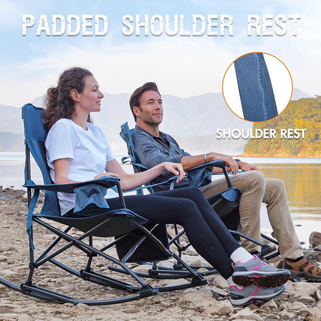 Portal Folding Camping Rocking Chair Portable Outdoor Rocker High Back Cup Holder Side Pocket Carry Bag Included, Support 300 lbs