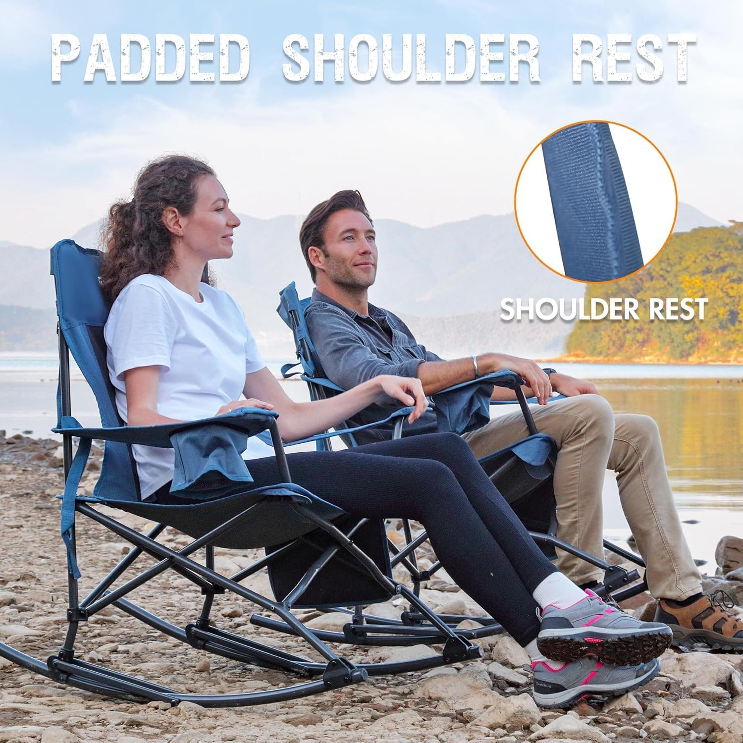Portal Folding Camping Rocking Chair Portable Outdoor Rocker High Back Cup Holder Side Pocket Carry Bag Included, Support 300 lbs