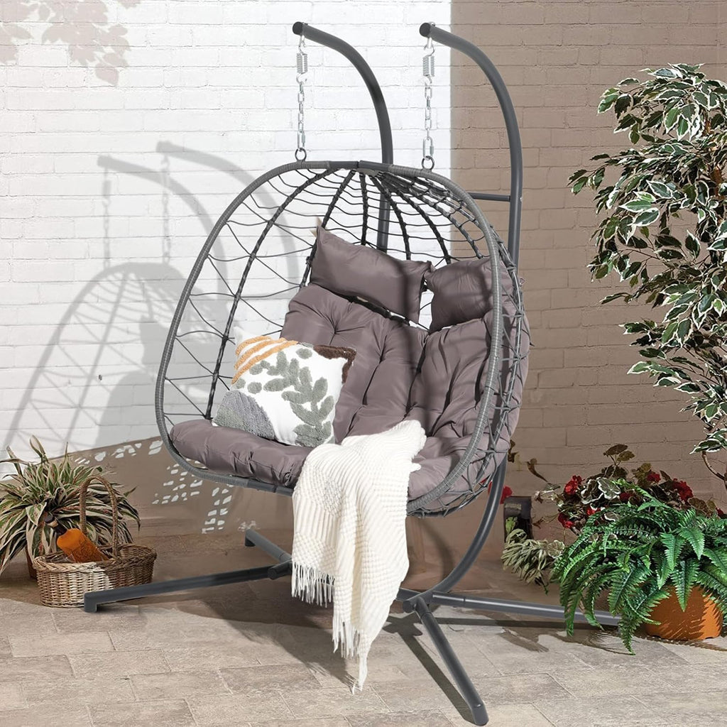 Patiorama 2 Person Double Egg Swing Chair with Stand Indoor Outdoor, Patio Wicker Rattan Hanging Egg Chair w/Cushion, Pillow, Foldable Hammock Chair 550lbs for Bedroom, Balcony, Garden (Dark Grey)