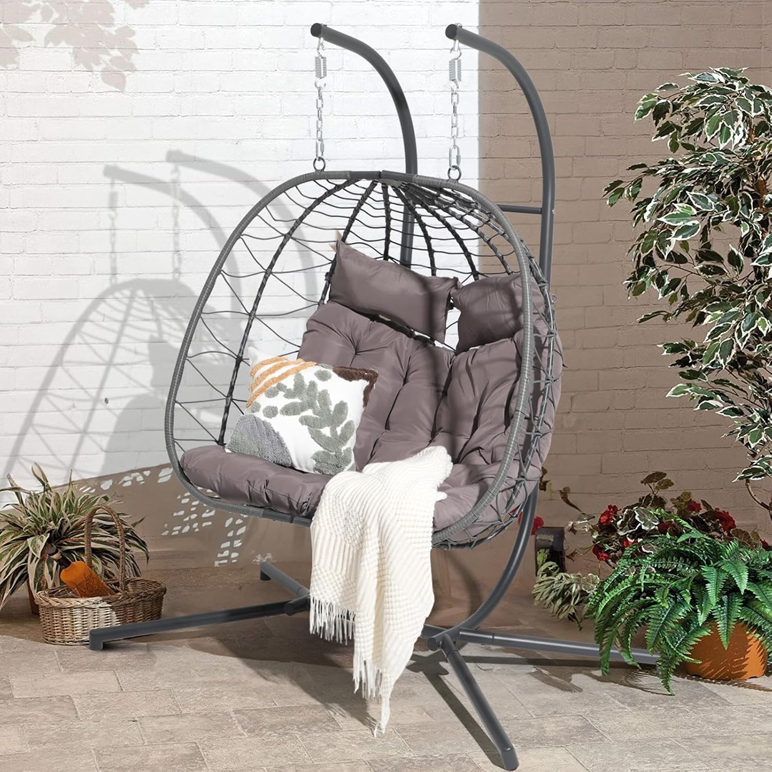 Patiorama 2 Person Double Egg Swing Chair with Stand Indoor Outdoor, Patio Wicker Rattan Hanging Egg Chair w/Cushion, Pillow, Foldable Hammock Chair 550lbs for Bedroom, Balcony, Garden (Dark Grey)