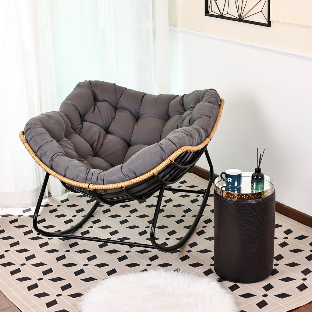Outdoor Egg Rocking Chair, Indoor Papasan Rocking Chair with Thick Cushion, Modern Lounge Rocker for Balcony, Living Room, Bedroom, Porch, Lawn, Garden (Gray)