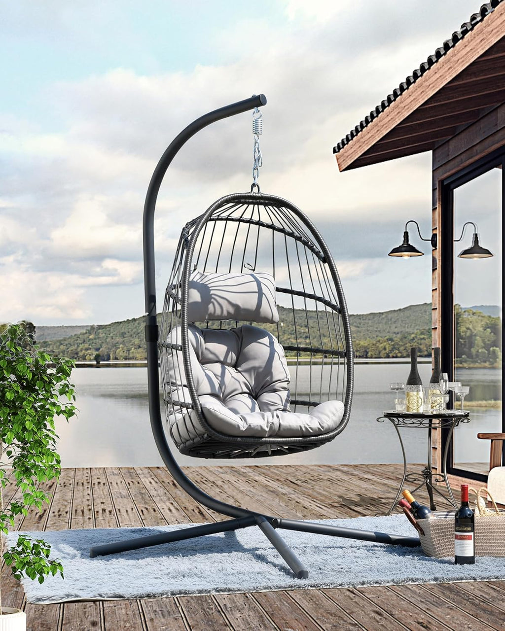 FREDEES Egg Swing Chair with Stand, Outdoor Hanging Egg Chair with Cushion for Patio/Porch/Balcony/Indoor (Light Gray)