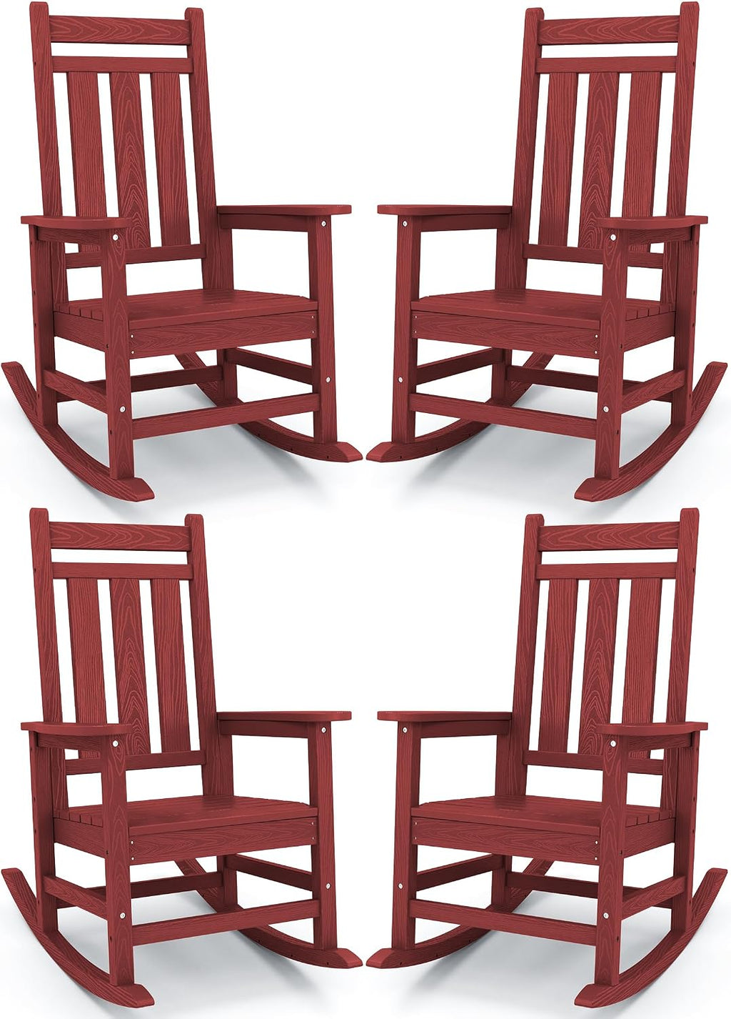 KINGYES Oversized Outdoor Rocking Chair Set of 4, All-Weather Patio Rocking Chairs for Porch, HDPE Outdoor Patio Rockers with High Back & Wide Seat for Garden, Lawn, Red