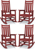 KINGYES Oversized Outdoor Rocking Chair Set of 4, All-Weather Patio Rocking Chairs for Porch, HDPE Outdoor Patio Rockers with High Back & Wide Seat for Garden, Lawn, Red