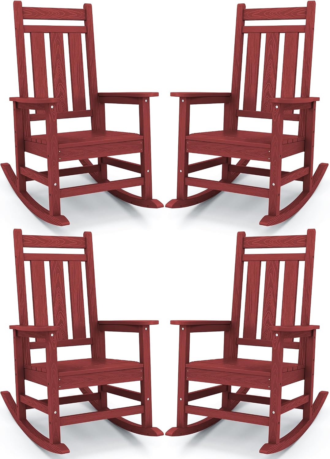 KINGYES Oversized Outdoor Rocking Chair Set of 4, All-Weather Patio Rocking Chairs for Porch, HDPE Outdoor Patio Rockers with High Back & Wide Seat for Garden, Lawn, Red