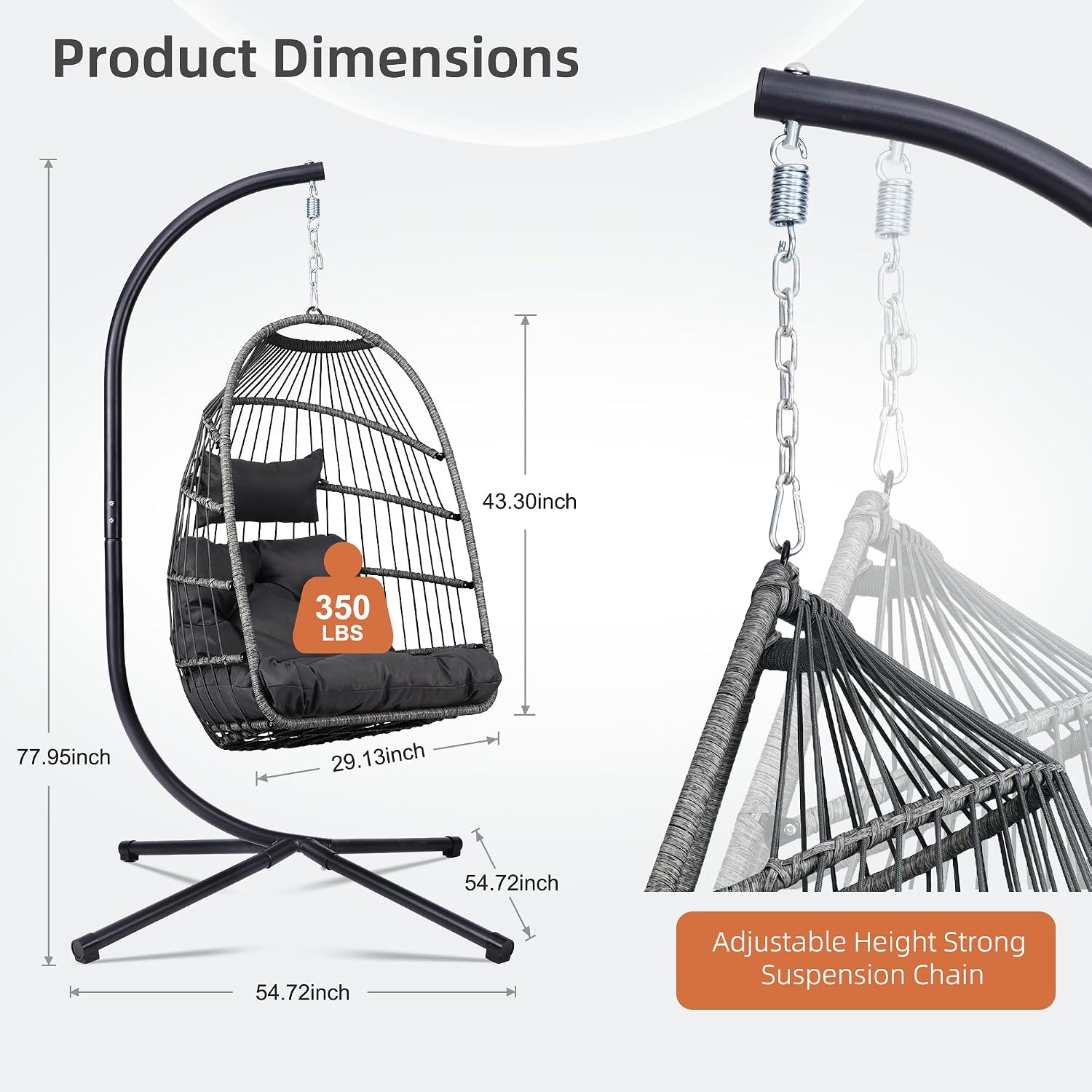 Foldable Hanging Egg Chair with Stand, HDPE Rattan and Heavy Duty Aluminum-Steel Frame, Outdoor Patio Wicker Swing Egg Chair with Headrest and Cushioned, 350 Lbs Capacity (Dark Grey)