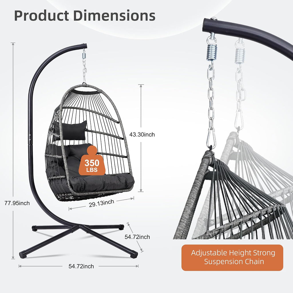 Foldable Hanging Egg Chair with Stand, HDPE Rattan and Heavy Duty Aluminum-Steel Frame, Outdoor Patio Wicker Swing Egg Chair with Headrest and Cushioned, 350 Lbs Capacity (Dark Grey)