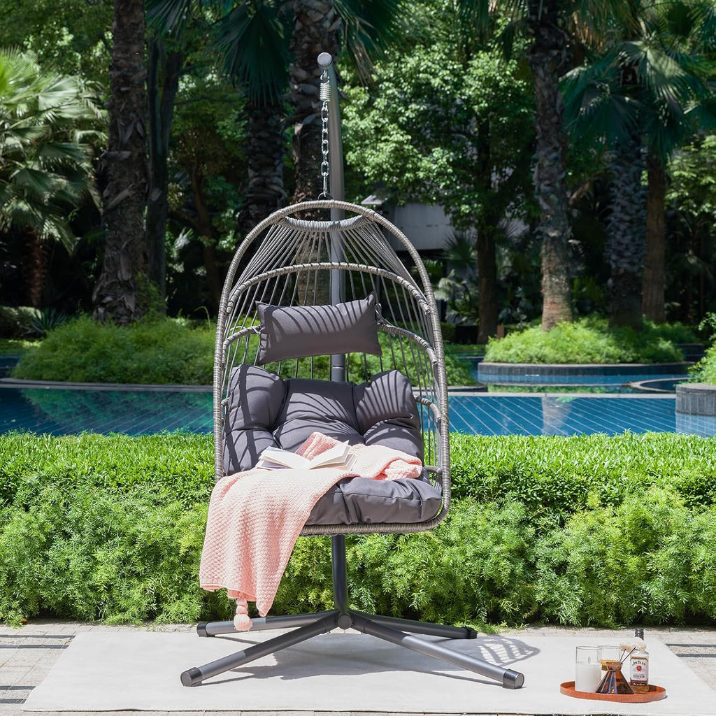 Outdoor Egg Hanging Chair with Stand, 350lbs Capacity Patio Wicker Swing Egg Chair for Indoor Outdoor Use in Garden Balcony Bedroom, Comfortable Swinging Chair(Black)