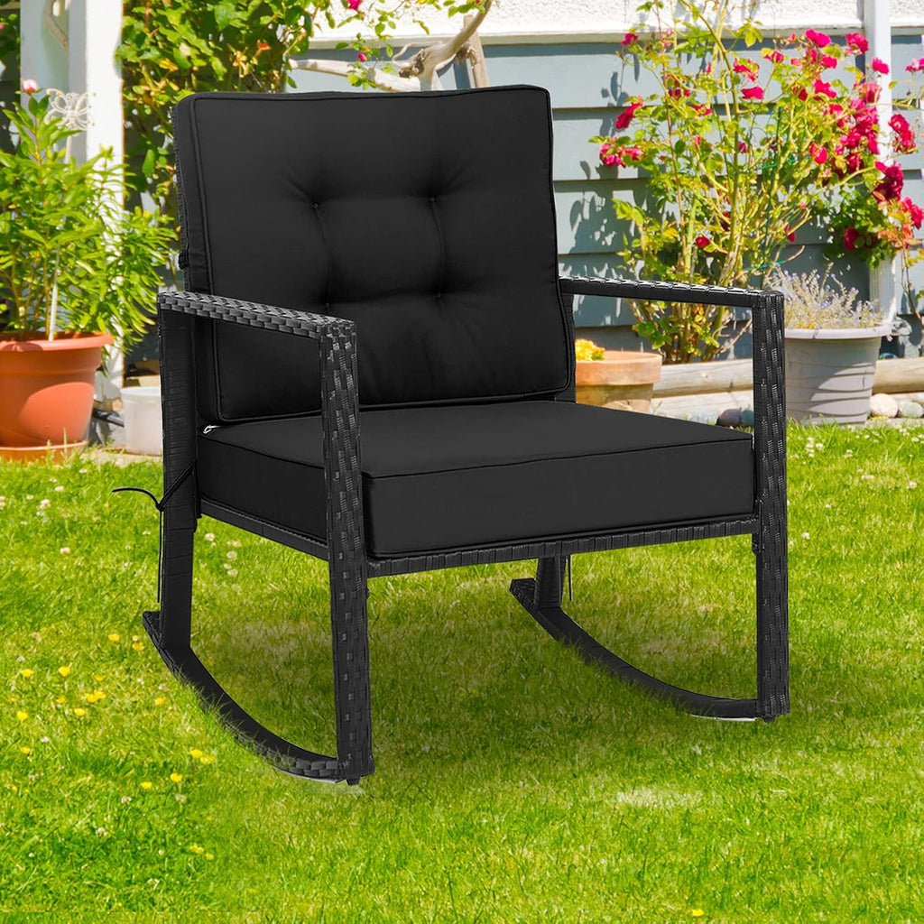 Tangkula Wicker Rocking Chair, Outdoor Glider Rattan Rocker Chair with Heavy-Duty Steel Frame, Patio Wicker Furniture Seat with 5' Thick Cushion for Garden, Porch, Backyard, Poolside (1, Black)
