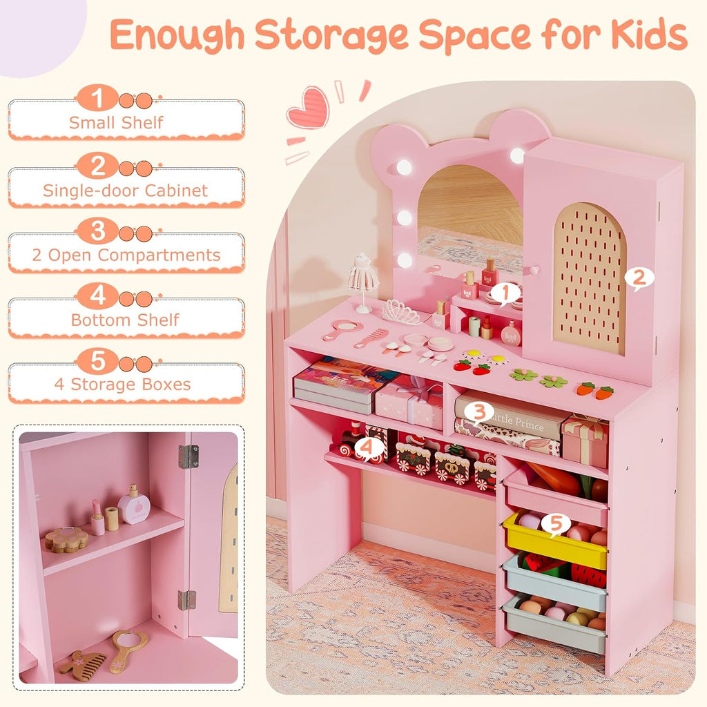 Costzon Kids Vanity with Lights, Girls Vanity Set with Mirror, Storage Drawers, Cabinet & Shelves, Toddler Makeup Vanity Desk Dressing Table, Wooden Kids Vanity Table and Chair Set (Pink)