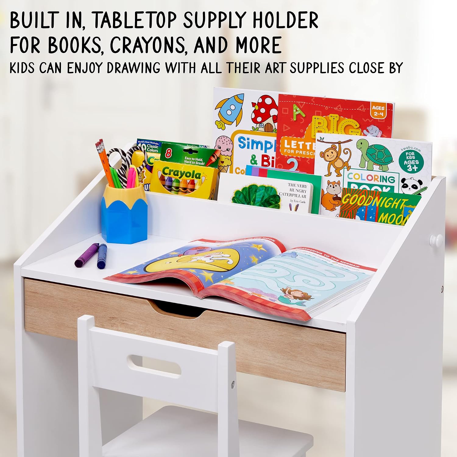 Lil' Jumbl Toddler Wooden Study Desk and Chair Set, Home School Learning Workstation with Writing Table, Storage Drawer, Tabletop Organizer & Hanging Hooks for Children Studying, Reading & Drawing