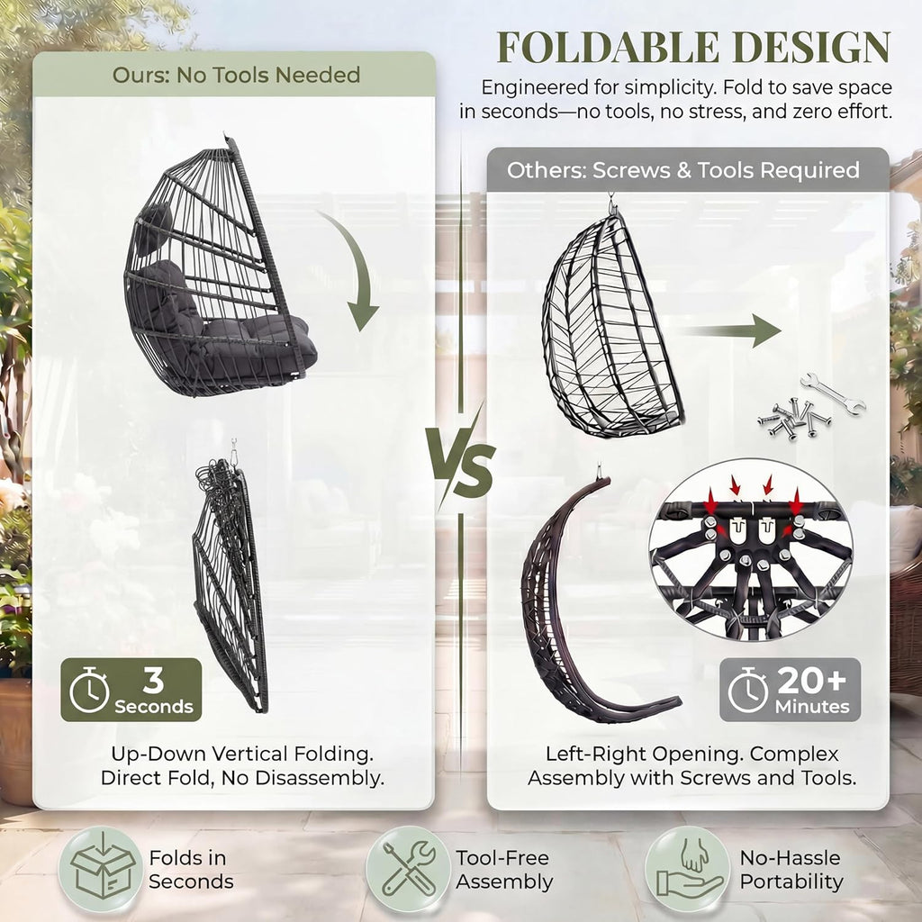 RADIATA Foldable Swing Egg Chair with Stand and Water-Resistant Cover, Outdoor Wicker Hanging Hammock Chair with Cushion, 350Lbs Heavy Duty Eggshell Basket Seat for Balcony Porch Backyard, Dark Grey