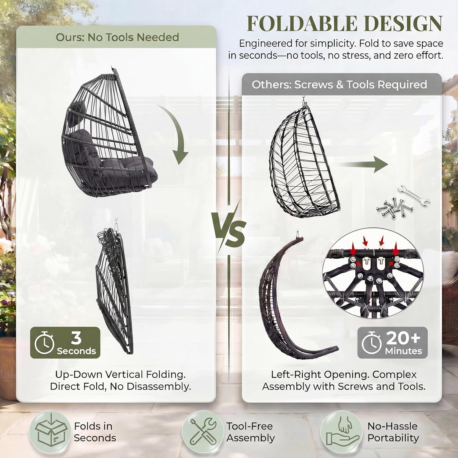 RADIATA Foldable Swing Egg Chair with Stand and Water-Resistant Cover, Outdoor Wicker Hanging Hammock Chair with Cushion, 350Lbs Heavy Duty Eggshell Basket Seat for Balcony Porch Backyard, Dark Grey