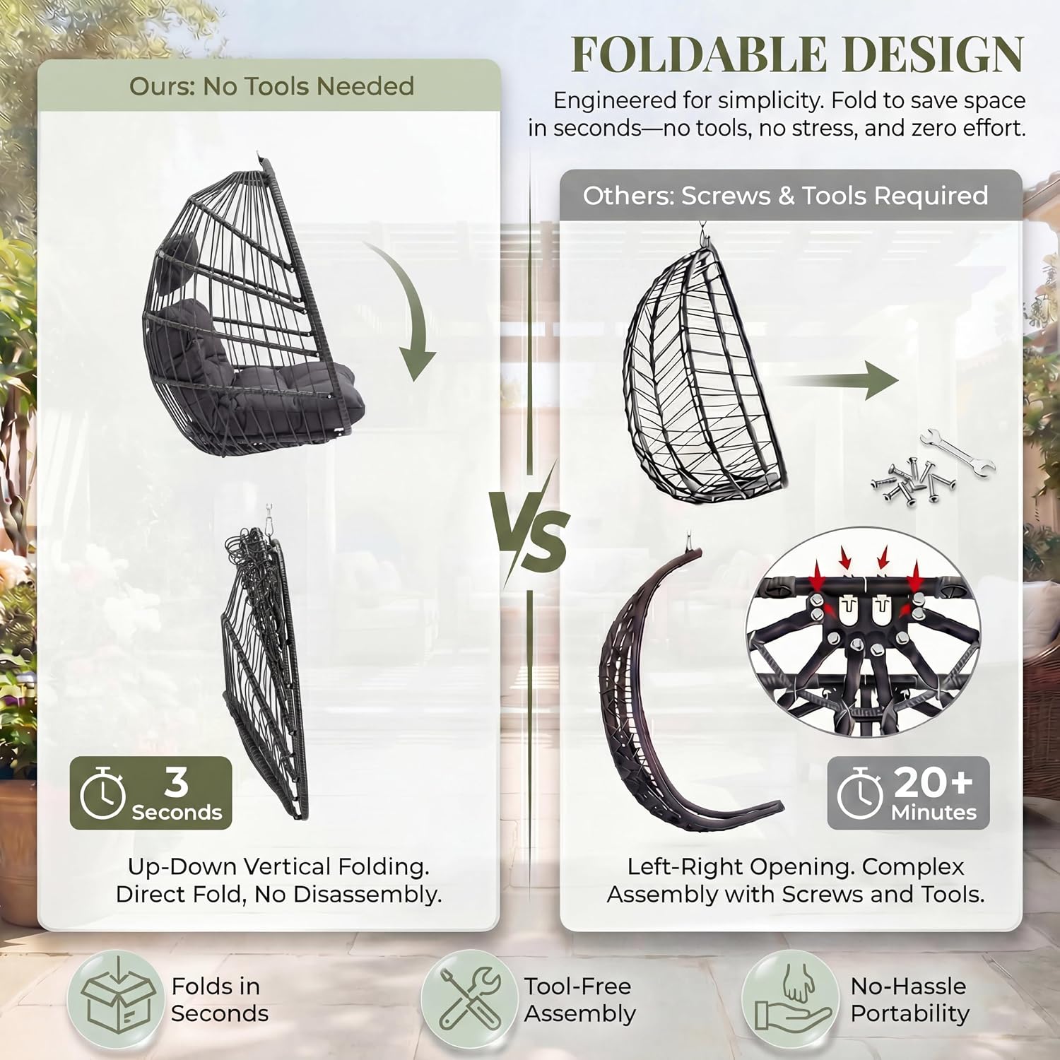 RADIATA Outdoor Egg Chair Without Stand, Foldable Durable Rattan Wicker Hanging Swing Basket, 350 Lbs Heavy-Duty Hammock Chair with Cushion for Patio Balcony Garden Ceiling or Tree Mount, Dark Gray