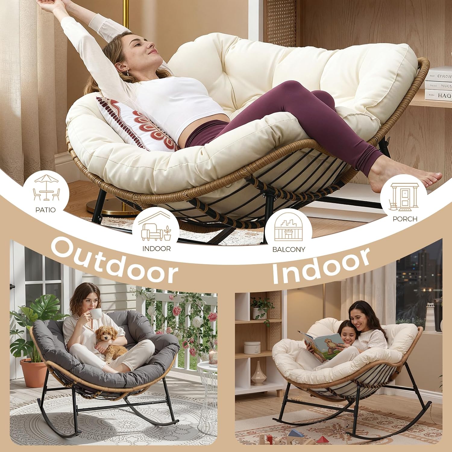 FINCATI Patio Rocking Chair Set of 2, Outdoor Indoor Oversized Papasan Chairs, 2 Person Double Wicker Egg Rockers with Padded Cushions, Comfort Lounger Funiture for Reading Relaxing Outside Bedroom
