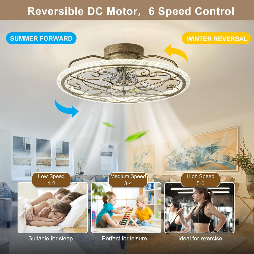 Low Profile Ceiling Fan with Lights 20' Ceiling Fan with Remote Bladeless Ceiling Fan Boho Vintage Flush Mount Ceiling Fan with Light 3 Color Smart LED Dimmable,Handmade Antique Vintage Silver