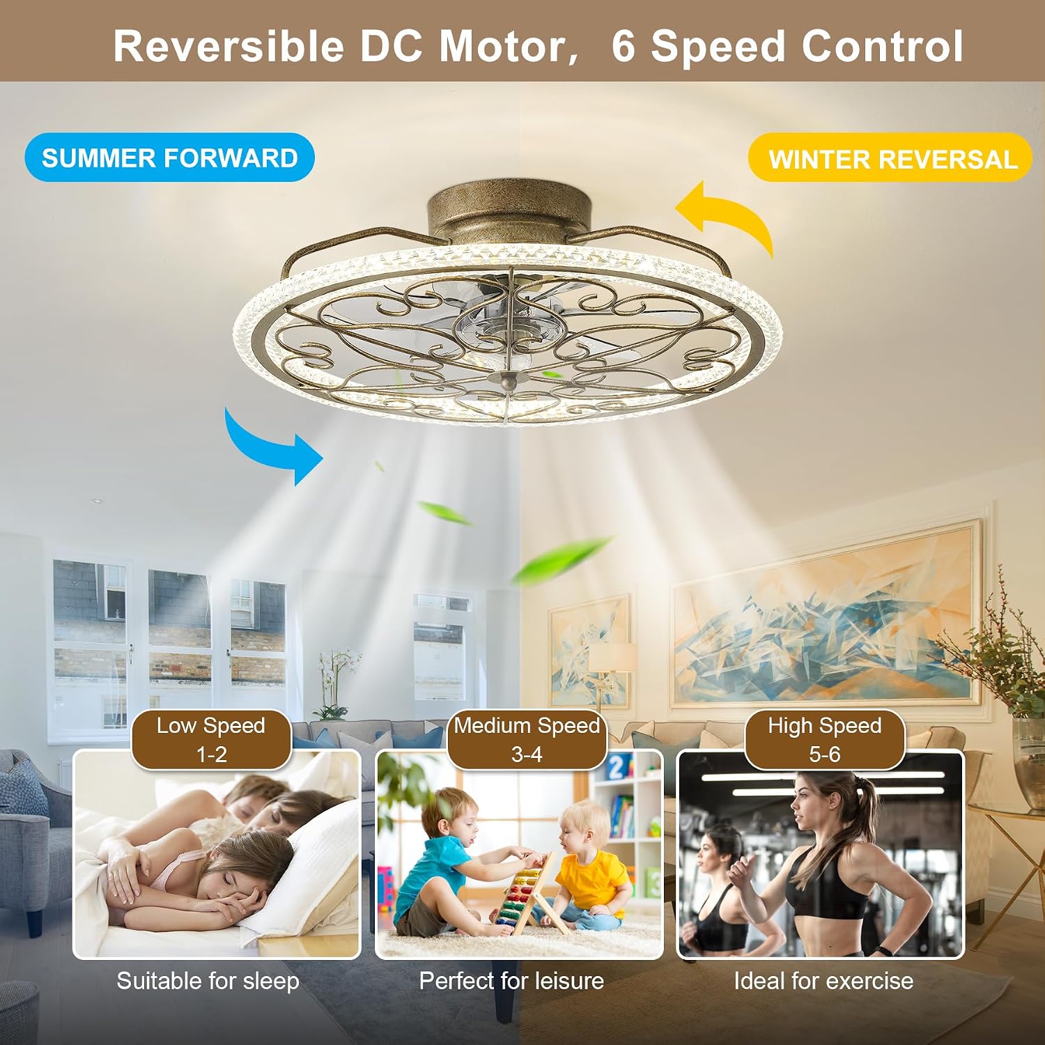 Low Profile Ceiling Fan with Lights 20' Ceiling Fan with Remote Bladeless Ceiling Fan Boho Vintage Flush Mount Ceiling Fan with Light 3 Color Smart LED Dimmable,Handmade Antique Vintage Silver