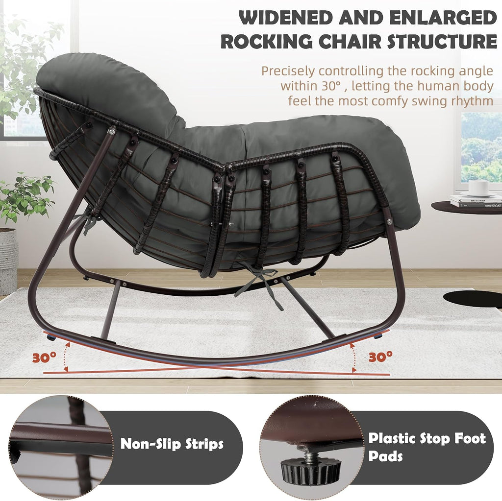 Papasan Rocking Chair Indoor & Outdoor, All Weather Wicker Papasan Patio Chair with Cushion & Pillow, Oversized Papasan Rocker Egg Chair for Bedroom, Garden, Patio - Grey.
