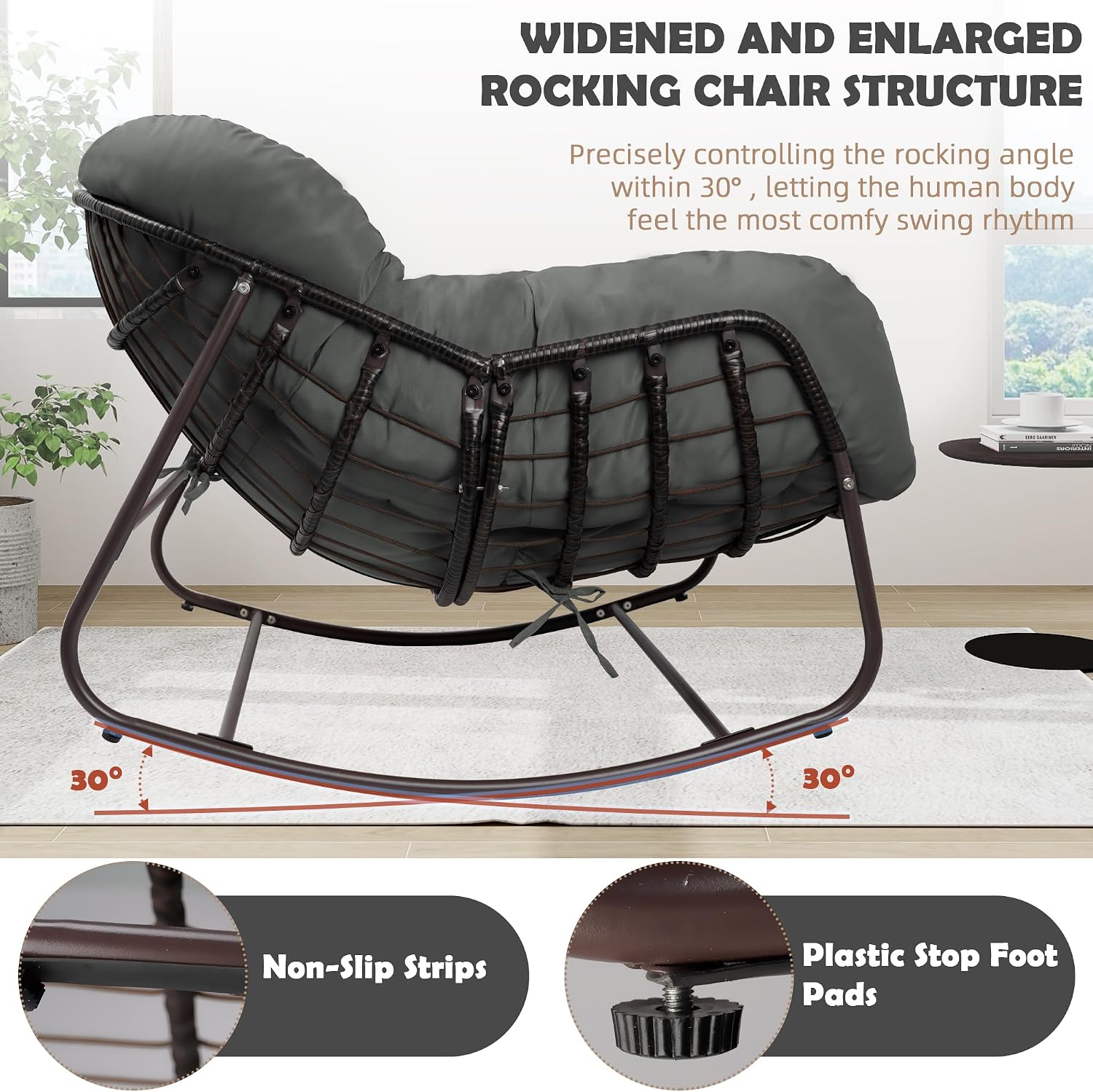 Papasan Rocking Chair Indoor & Outdoor, All Weather Wicker Papasan Patio Chair with Cushion & Pillow, Oversized Papasan Rocker Egg Chair for Bedroom, Garden, Patio - Grey.