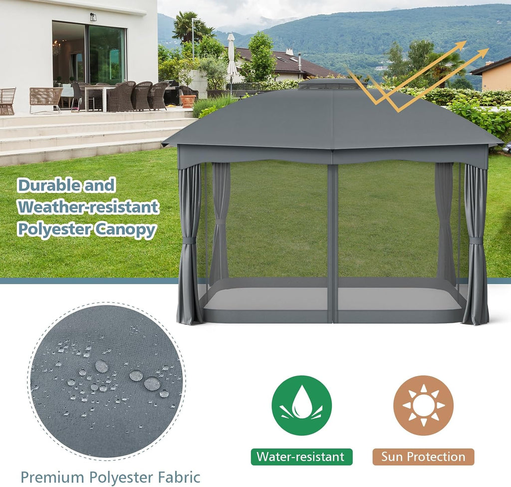 Tangkula 12x10 Ft Patio Gazebo, Double Vented Gazebo with Zippered Privacy Curtains, Mesh Screen Netting, Outdoor Steel Gazebo for Deck, Garden, Yard, Poolside (Grey)