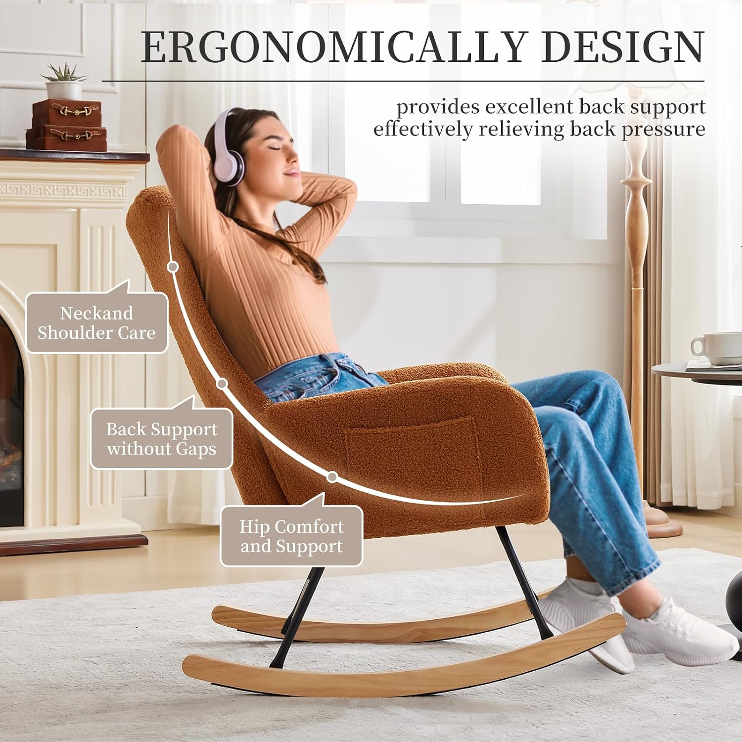 GarveeHome Rocking Chair Nursery, Teddy Upholstered Glider Chair with High Backrest, Armrest and Side Pockets, Modern Comfy Accent Armchair Reading Chair for Bedroom, Living Room