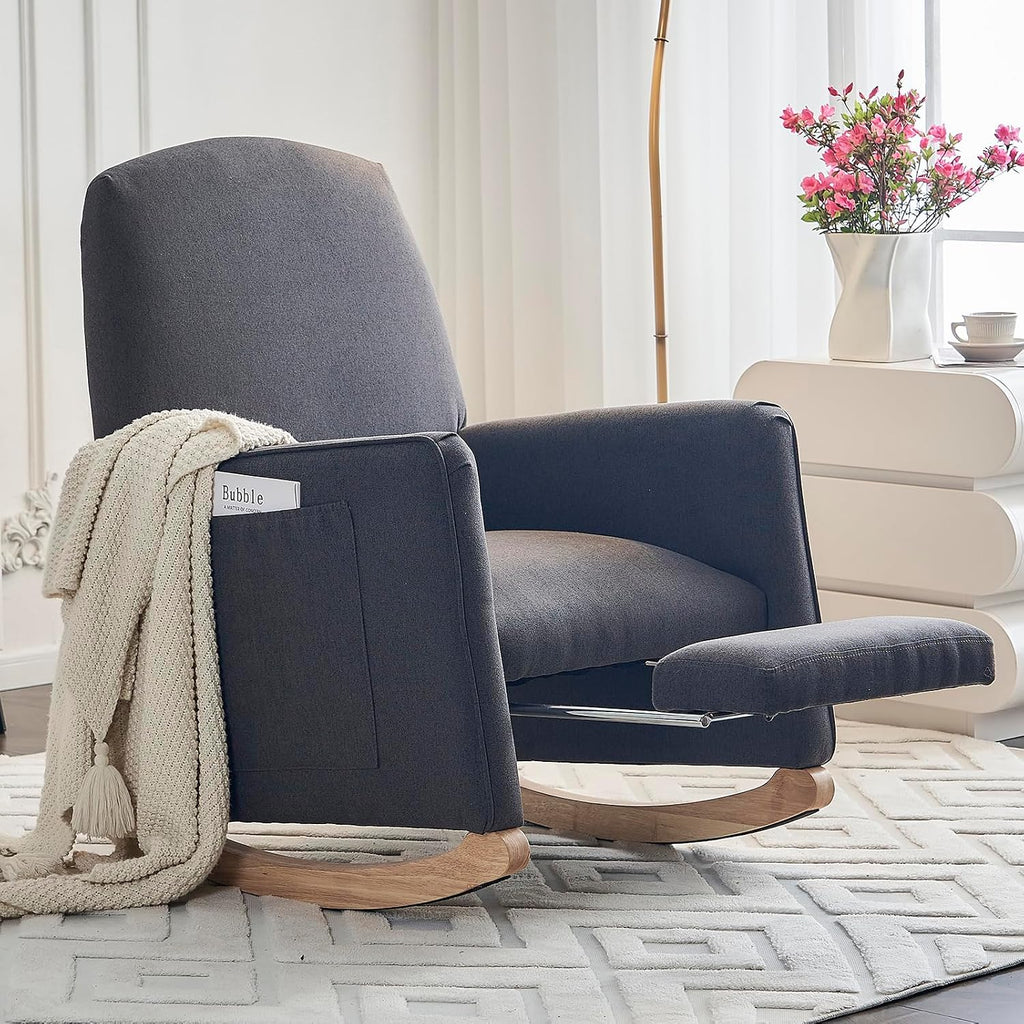 Modern Rocking Chair Nursery, Comfy Glider Nursery Chair with Foot Rest, Upholstered Rocker with Pocket, Accent Reading Armchair with Solid Wood Base for Living Room, Bedroom, Lounge Room (Dark Gray)