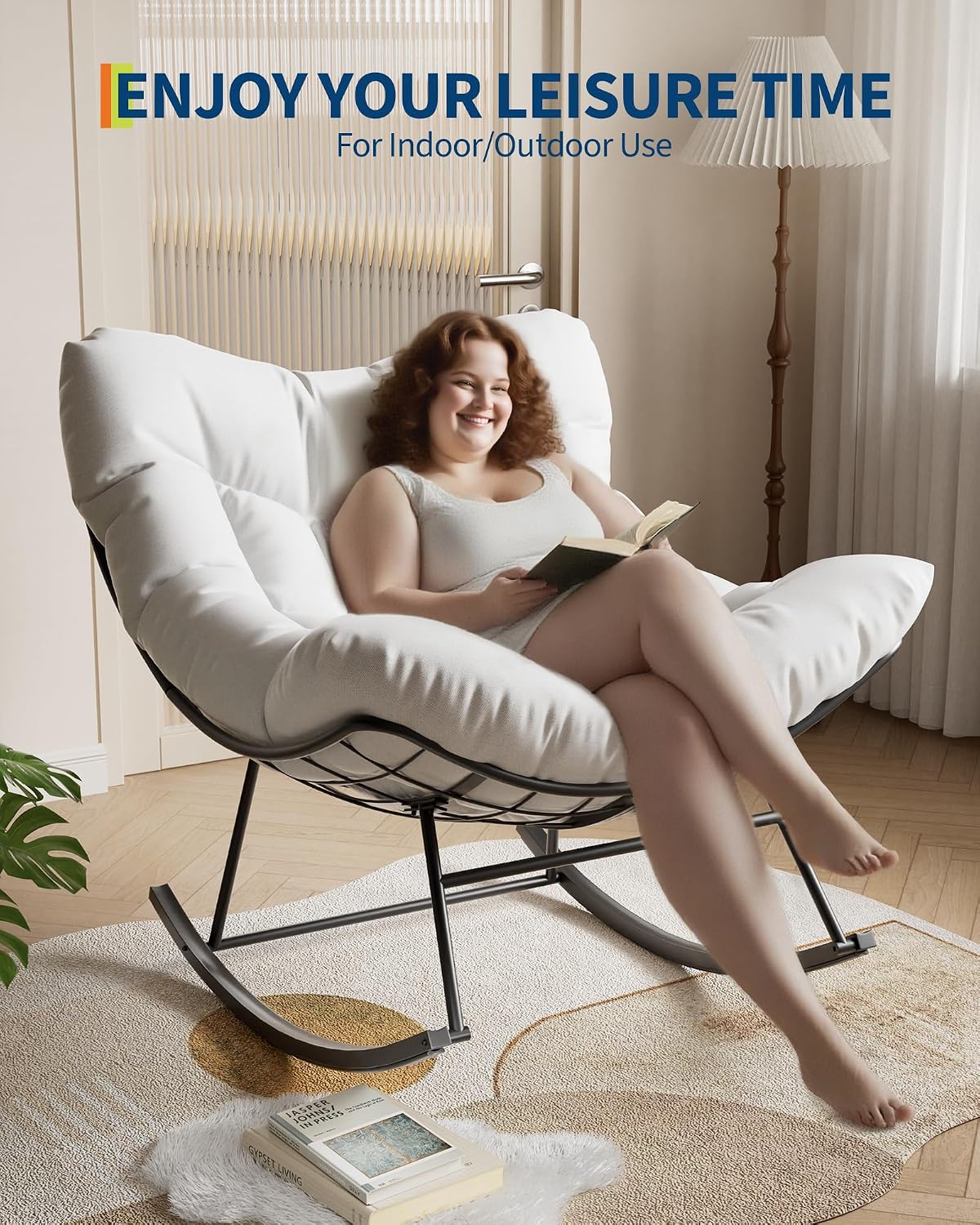 GarveeLife Outdoor Papasan Rocking Chair, Oversized Rocking Chair with Sturdy Metal Frame, Patio Egg Rocker for Balcony Backyard Porch Bedroom, White