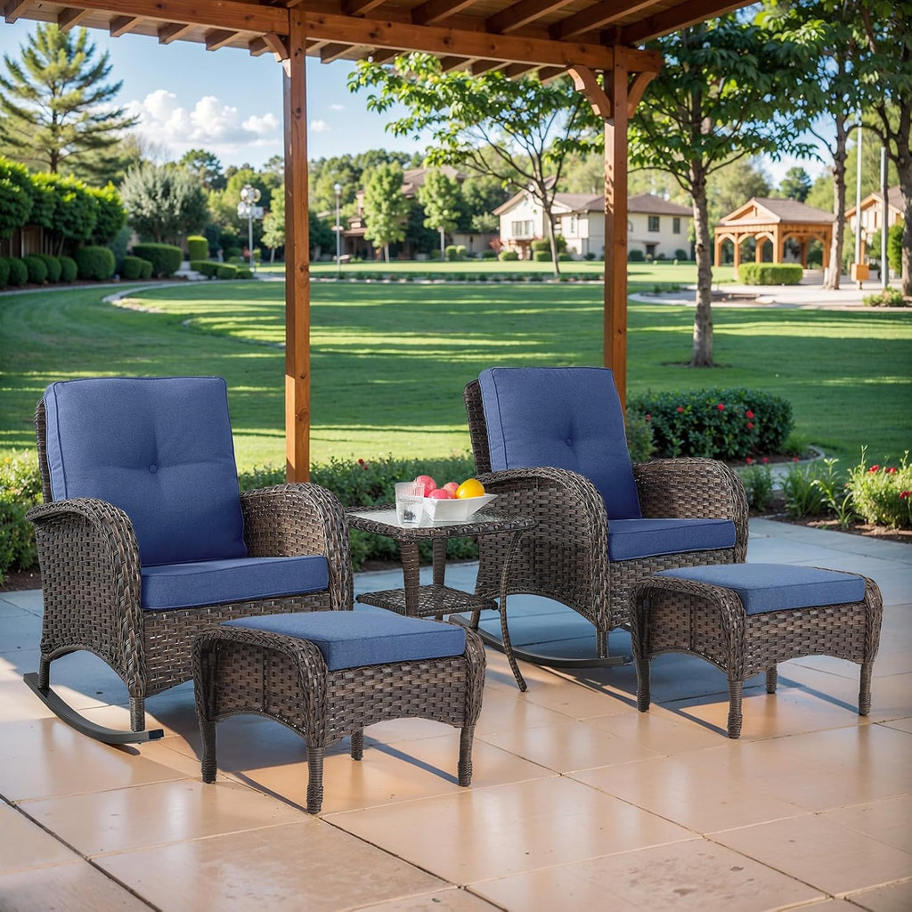 Belord Patio Rocking Chairs Furniture Set - 5 Piece Outdoor Wicker Furniture Sets with Ottomans, Small Patio Conversation Sets with Wicker Rocking Chairs Brown/Blue