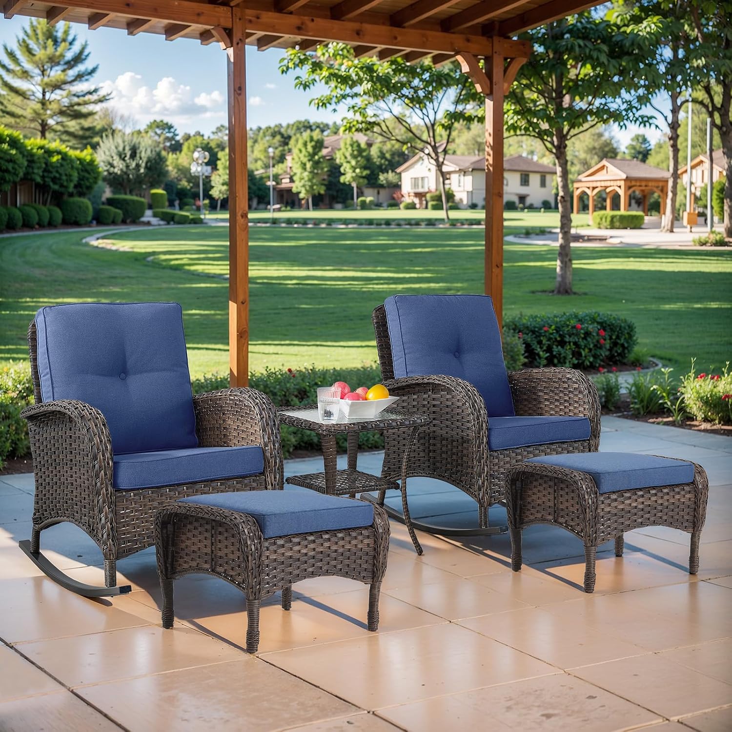 Belord Patio Rocking Chairs Furniture Set - 5 Piece Outdoor Wicker Furniture Sets with Ottomans, Small Patio Conversation Sets with Wicker Rocking Chairs Brown/Blue