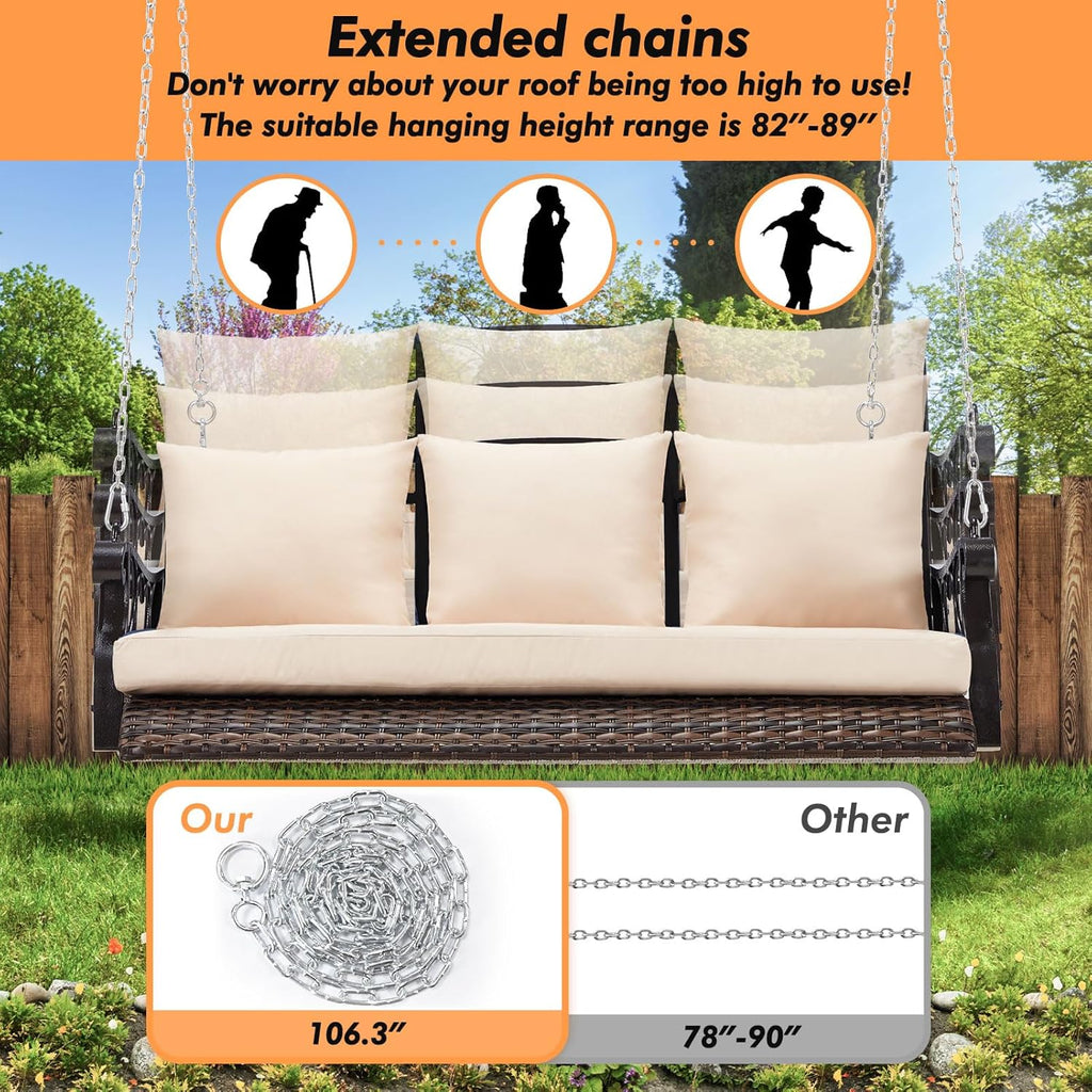 ZZW 3-Person Wicker Porch Swing Chair Heavy Duty 900 LBS Outdoor Rattan Patio Swing Chair w/Cup-Holder & Steel Chains Hanging Bench Porch Swing Cushions for Deck & Backyard & Garden